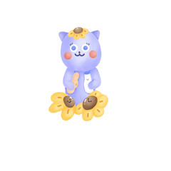 A cute purple cat with food and sunflowers