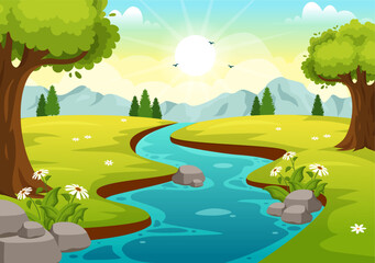Obraz premium River Landscape Illustration with View Mountains, Green Fields, Trees and Forest Surrounding the Rivers in Flat Cartoon Hand Drawn Templates