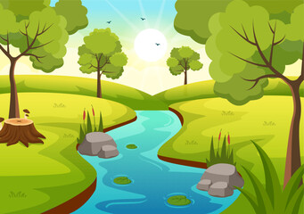 Fototapeta na wymiar River Landscape Illustration with View Mountains, Green Fields, Trees and Forest Surrounding the Rivers in Flat Cartoon Hand Drawn Templates