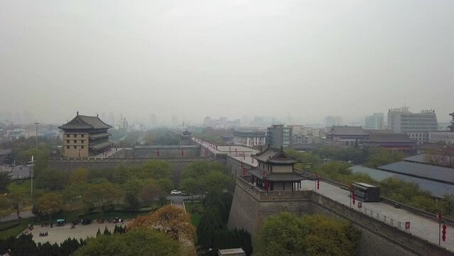 Aerial view of archery tower at north gate of ancient Xian city wall