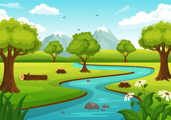 Obraz na płótnie Canvas River Landscape Illustration with View Mountains, Green Fields, Trees and Forest Surrounding the Rivers in Flat Cartoon Hand Drawn Templates