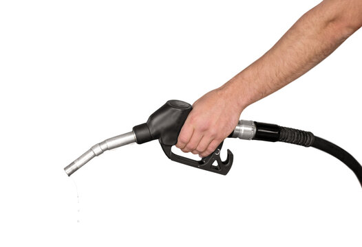 Gas pump nozzle in hand isolated on white