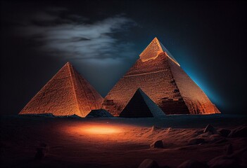 Luminous pyramids of Giza glowing in the dark. Generative AI