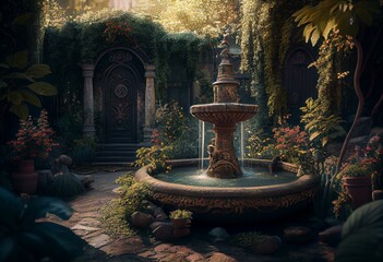 A beautiful elven garden with a water fountain, painting. Generative AI