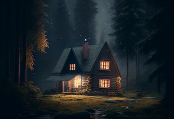 a cabin in the woods with fog and trees around it at night time with a light on the door and a light on the window in the house's corner of the house '. , AI. Generative AI