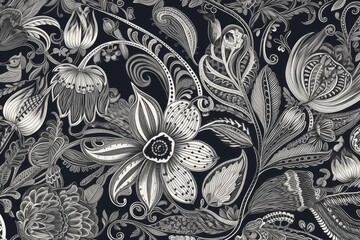 botanical flowers and leaves in black and white. Generative AI