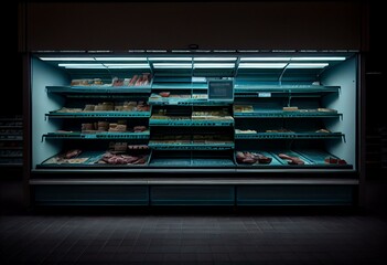 Shortages in a store and Supply Shortage of supplies with empty store shelving with low quantity of fresh produce and products as an economic distribution and business problem and. Generative AI