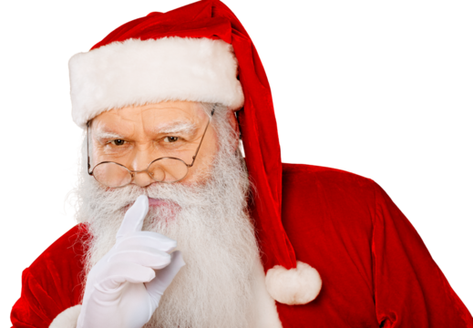 Portrait of smiling santa claus showing silence sign on  background