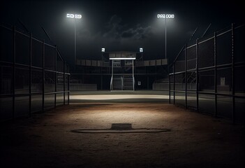 Fictional Dark and Quiet Baseball Diamond with Empty Stands at Night. Generative AI