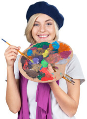Fototapeta premium Young beautiful woman with palette and holding paintbrush while standing isolated against white background