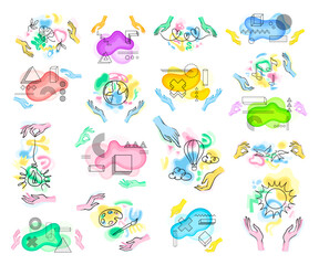Hands with Colorful Shapes and Contour Objects Big Vector Set