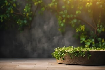 Vines-inspired empty podium in a lush garden setting. Generative AI