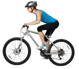 Woman on sport bicycle isolated on white
