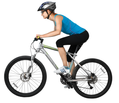 Woman on sport bicycle isolated on white