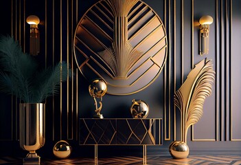 Interior design with gold Art deco style decorations and accessories. Generative AI