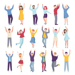 Joyful People Characters Up with Hands Cheering About Something Big Vector Set