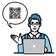 ラップトップの前でQRコードの説明をしているメガネをかけている主夫
