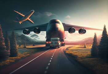 Plane trucks are flying towards the destination with the brightest. 3d rendering and illustration. Generative AI