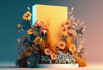 Summer podium screen background with flowers. Generative AI illustration
