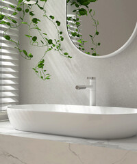 Modern marble vanity counter, white oval ceramic washbasin, mirror, creeper plant in sunlight from window blinds on luxury bathroom wall for cosmetic, beauty, toiletries product background 3D