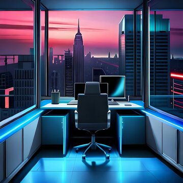 Zukunftsweisende Technologien und Nachhaltigkeit im futuristischen B&uuml;ro mit Blick auf die Stadt und Wolkenkratzer: Eine innovative Vision f&uuml;r die Arbeitswelt von morgen.
