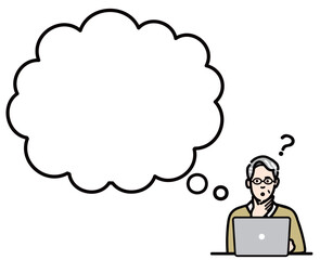 吹き出し　ラップトップの前に座って考えているメガネをかけたシニア男性
