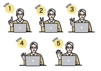 ラップトップの前に座って工程を説明するメガネをかけたシニア男性のセット
