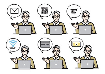 ラップトップの前に座って説明をしているメガネをかけたシニア男性のセット
