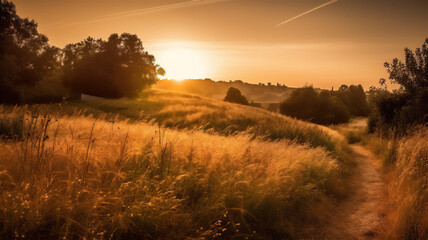 Illustration of A Sunset in A Field. Rural Country Landscape, Sun Setting in the Horizon. 
