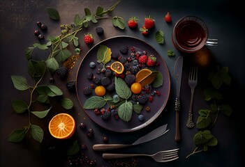 A plate with berries and fruits on the table and a spoon, fork, juice in a cup, green leaves in flat. Generative AI