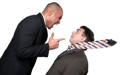 Businessman shouting orders at a worker on white background