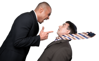 Businessman shouting orders at a worker on white background