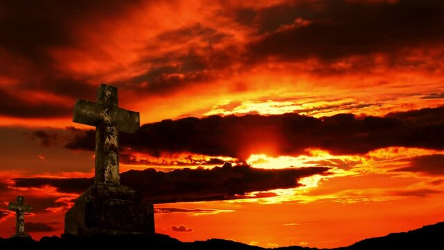 Time-Lapse Sunset and Christian Cemetery. Birds are Flying Around. 04.