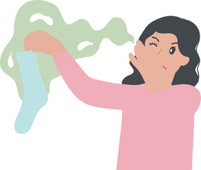Portrait of woman holding stinky socks and covering her nose vector illustration - obrazy, fototapety, plakaty