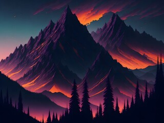 A digital illustration mountain with colourful brushstroke technique under a beautiful sunset sky scenery