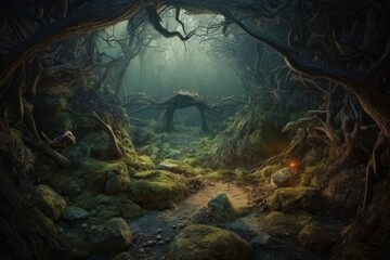 Haunted and Eerie Fairy Tale Forest Landscape, Generative AI