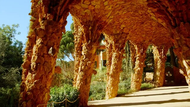 Park Guell, a public park in Barcelona, Spain, designed by Antoni Gaudi, featuring whimsical, colorful design and unique architecture