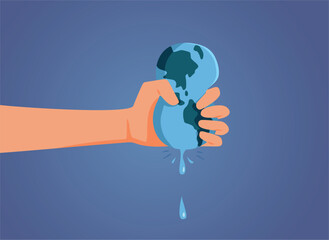 Hand Squeezing the Last Water Drop out of the Earth planet. Humans making the world uninhabitable because of ecological environmental disasters 
