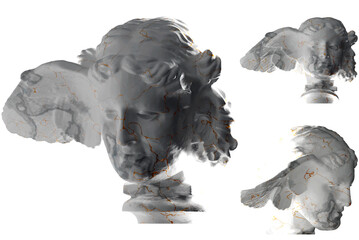 Luxurious white marble and gold Hypnos statue rendered in 3D. Perfect for album covers, apparel design, and social media promotion