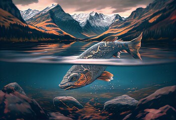 Fototapeta na wymiar a painting of a fish swimming in a river surrounded by mountains. generative ai