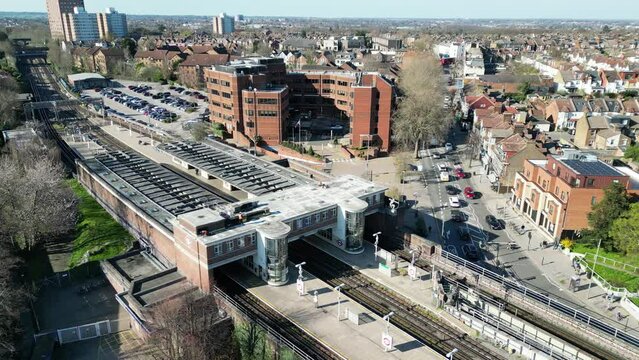 Finchley , station, London UK panning Drone, Aerial, view from air, birds eye view,
