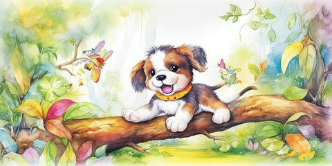 watercolor background with playful baby puppy border - generative AI Art