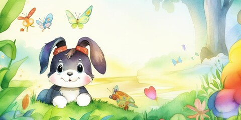 watercolor background with playful baby bunny border - generative AI Art