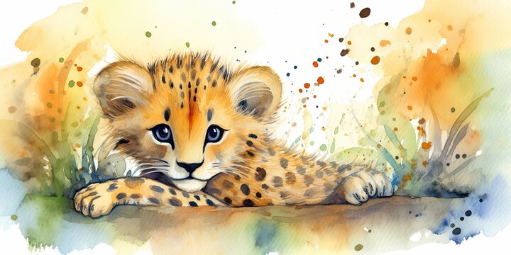 watercolor background with playful baby jaguar border - generative AI Art