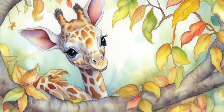 watercolor background with playful baby giraffe border - generative AI Art