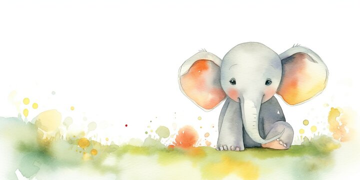 watercolor background with playful baby Elephant border - generative AI Art