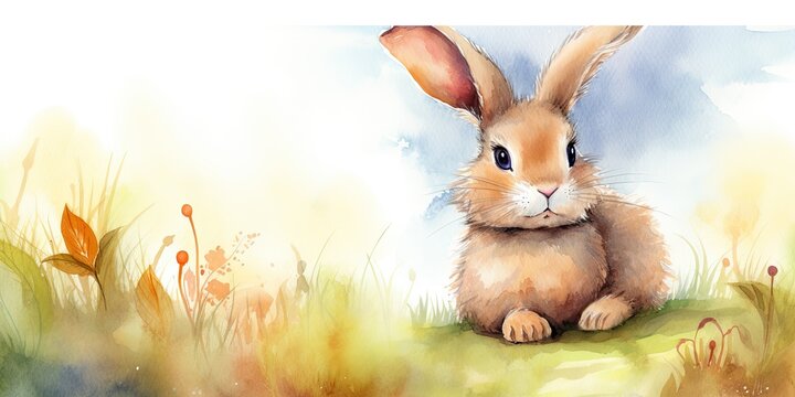 watercolor background with playful baby bunny border - generative AI Art