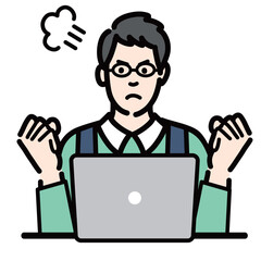 ラップトップの前で怒っているメガネをかけている主夫
