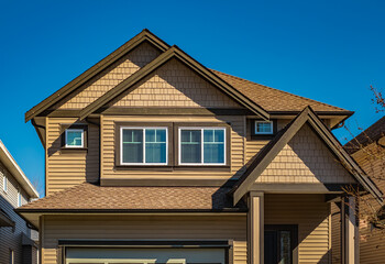 Facade of a house with nice windows and blue sky. Real Estate Exterior Front House in a residential neighborhood.