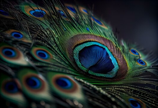 India, 8 March 2021 feather, background, wallpaper, macro picture, closeup, peacock feather, peafowl feather, bird feather. Generative AI
